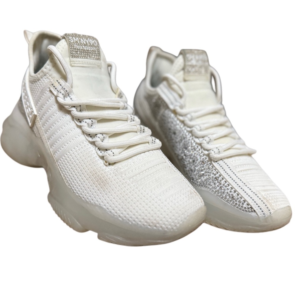 Steve Madden women's Maxima rhinestone-embellished knit sneakers in white. - Picture 6 of 15